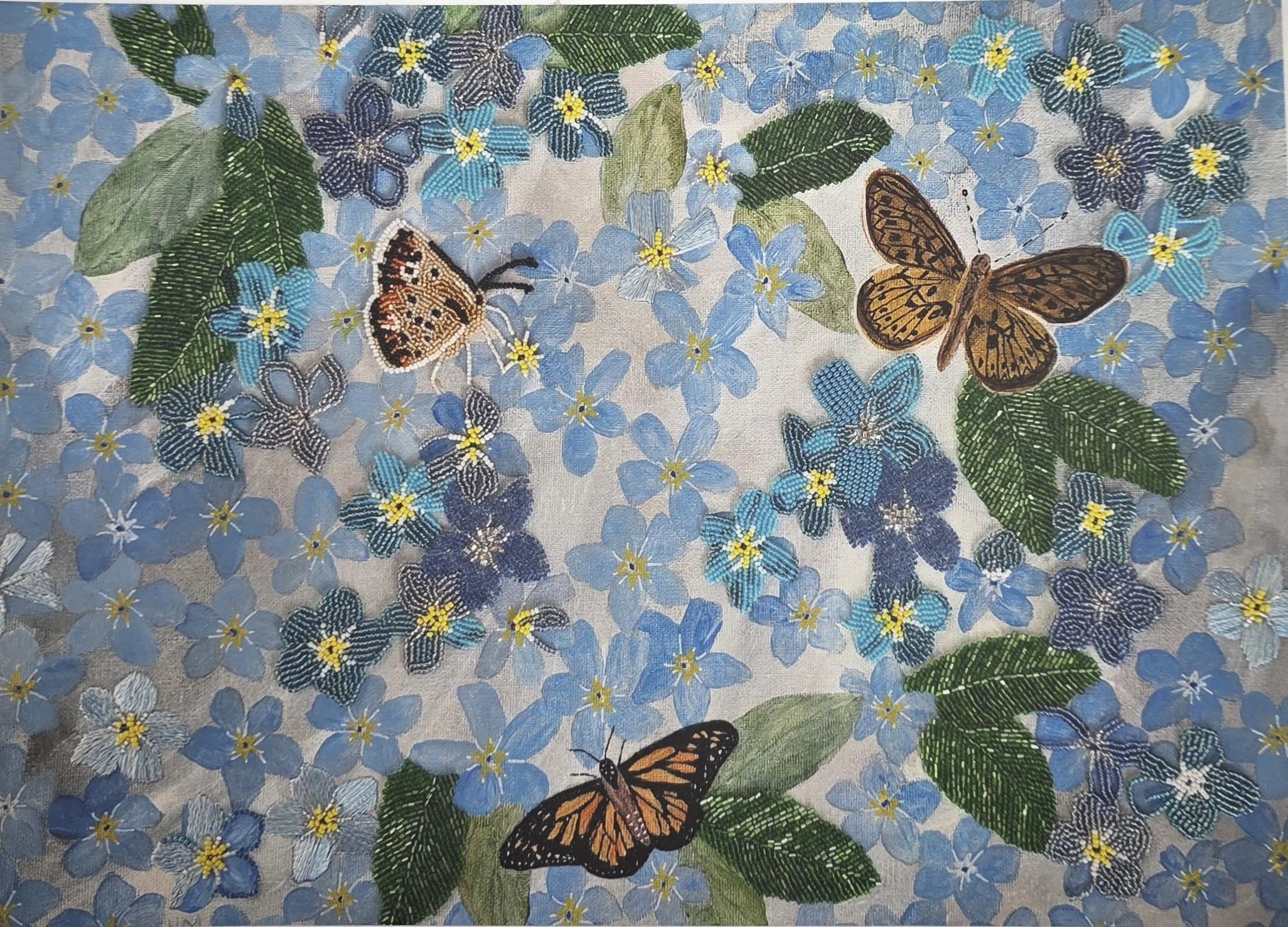 Forget-Me-Not art print featuring delicate blue flowers and three butterflies on a white background, open edition fine art print by artist Hayley Mallett.