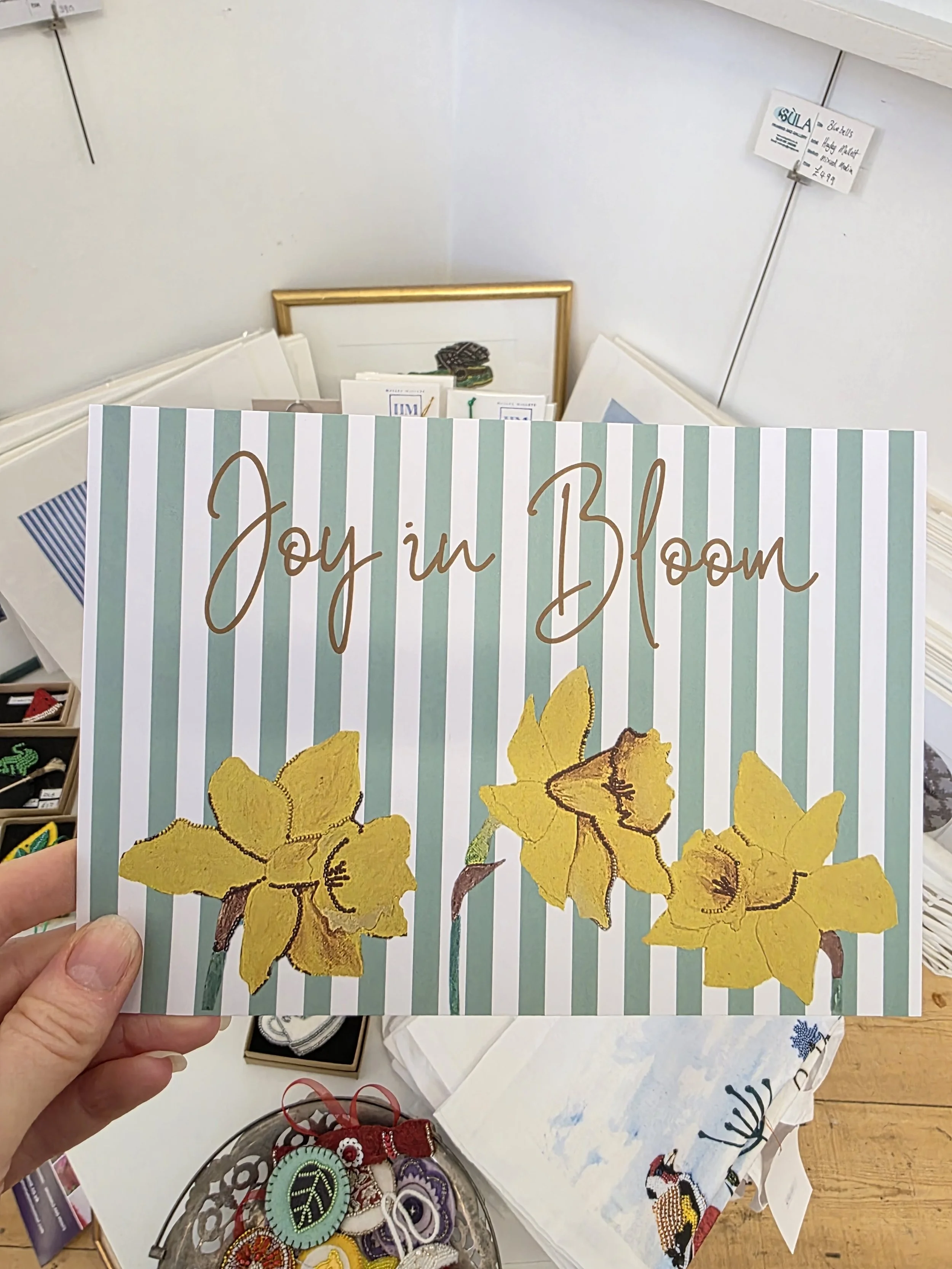 Joy in Bloom A5 print featuring daffodils, printed from original textile artwork by Guernsey artist on 200gsm premium paper