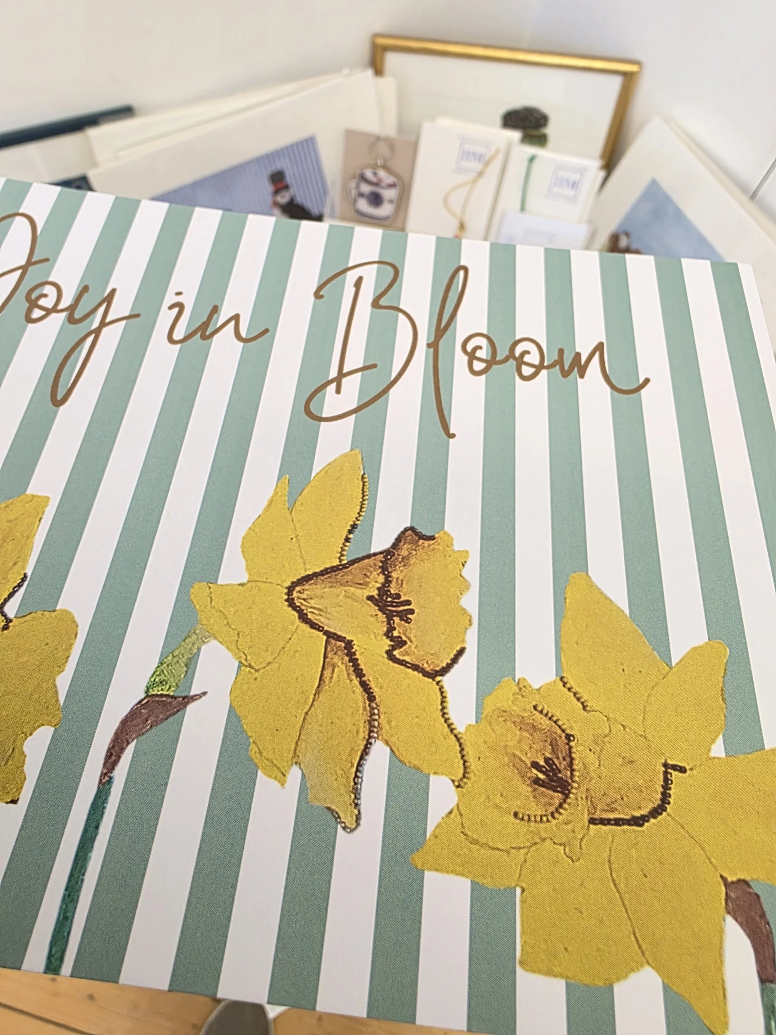 Close-up of daffodil details on ‘Joy in Bloom’ A5 print, showing vibrant colours and texture from original textile artwork by Guernsey artist