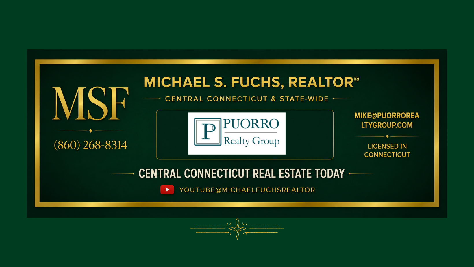 Business card for Michael S. Fuchs, a realtor in Central Connecticut, featuring contact information, logo, and social media details.