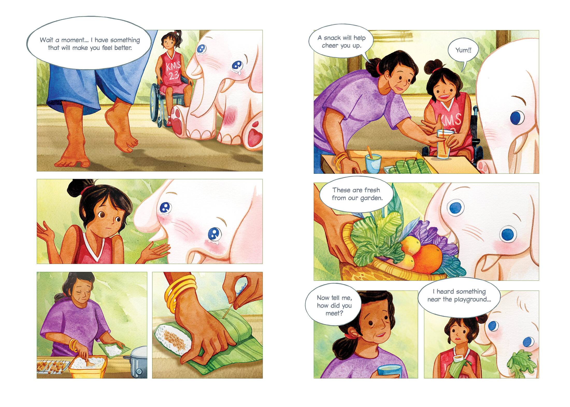 Excerpt from the book. Illustrations and text depict protagonists Jordan and Marshmallow entering Jordan's home, being cared for by her adult. Jordan's adult says: "Wait a moment... I have something that will make you feel better. A snack will help cheer you up." Jordan responds: "Yum!" Her adult explains: "These are fresh from our garden. Now tell me, how did you meet?" Jordan begins: "I heard something near the playground...."