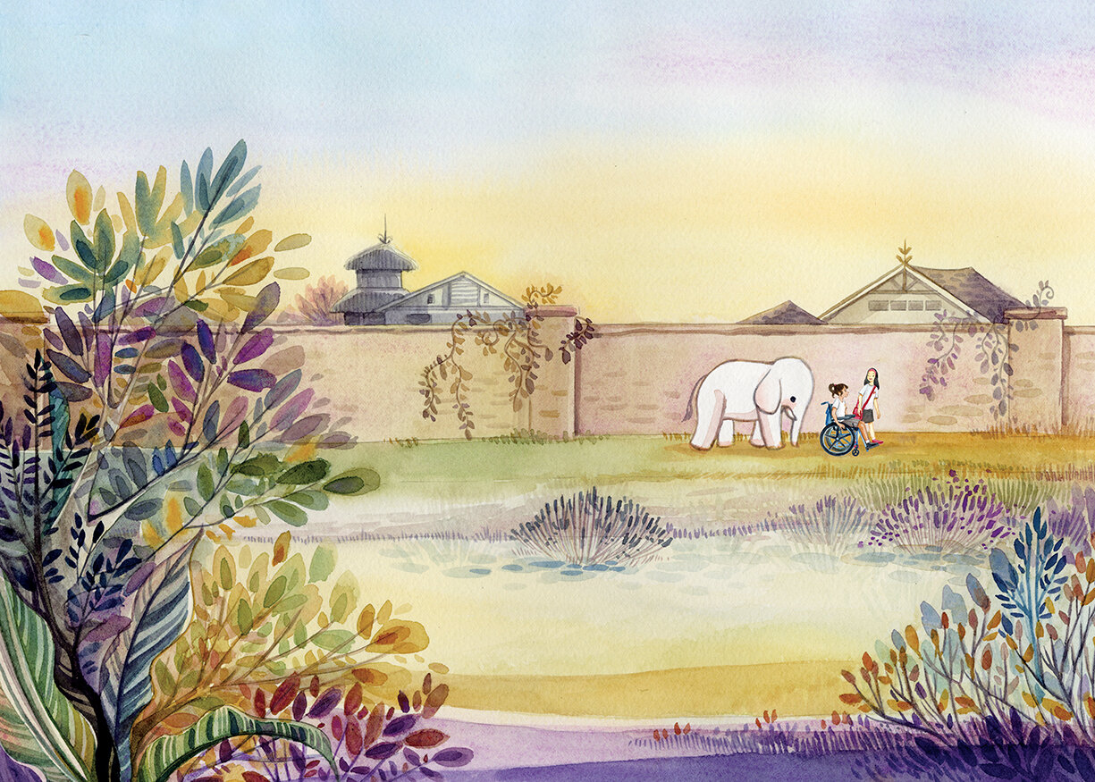 Illustration from the book. Features Jordan, a friend, and Marshmallow exploring an outdoor space. 