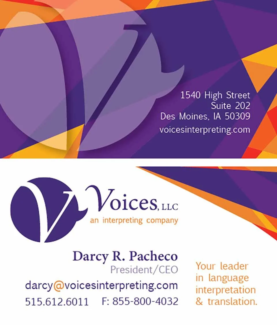 Voices 2-Sided Business Card | Back (top) & Front