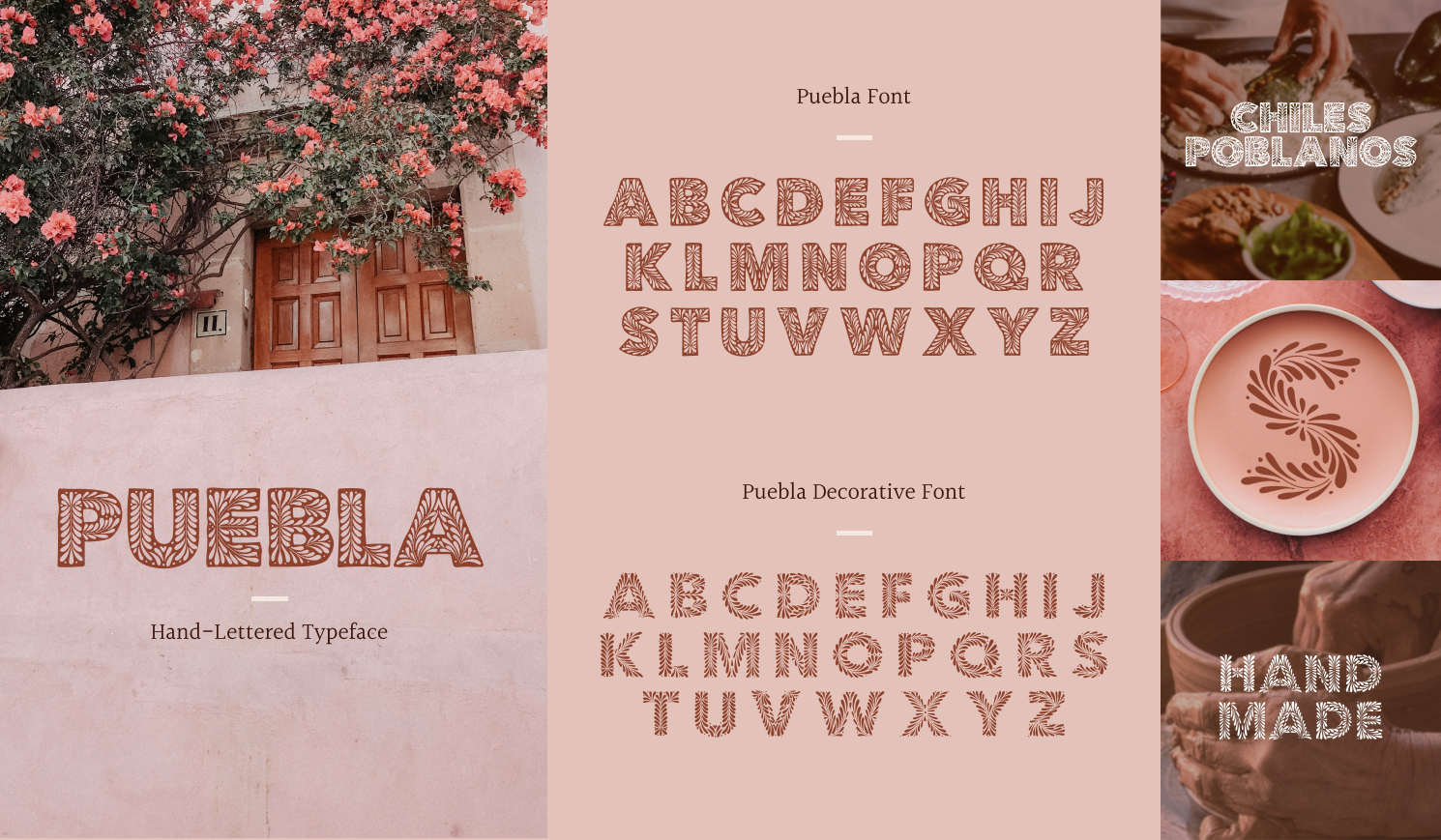 The Puebla Hand-Lettered Typeface draws inspiration from the captivating Poblano Food on Mexican Talavera Porcelain Pottery.