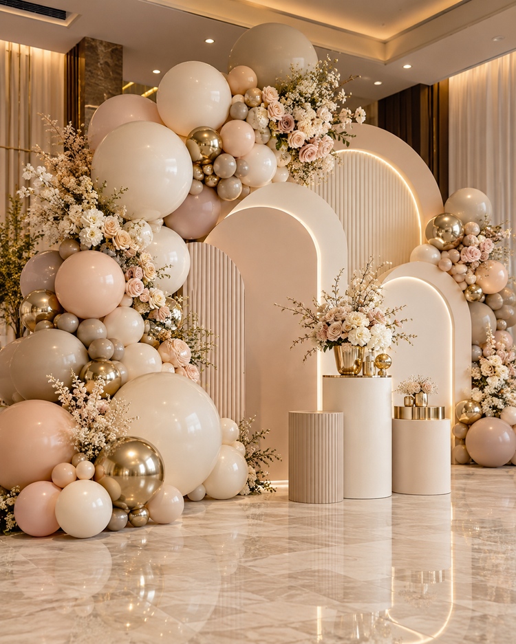 Elegant cream arch backdrops with neutral balloons and floral accents for an Eventions Naples celebration.