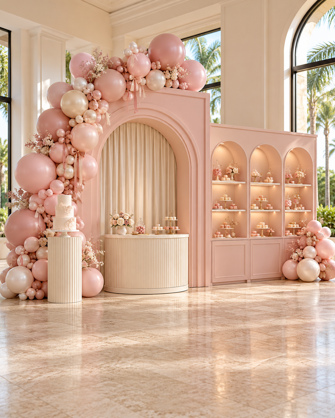 AI-generated sweet shop backdrop design inspiration in blush and cream with balloon garland, display shelves and cake plinth.