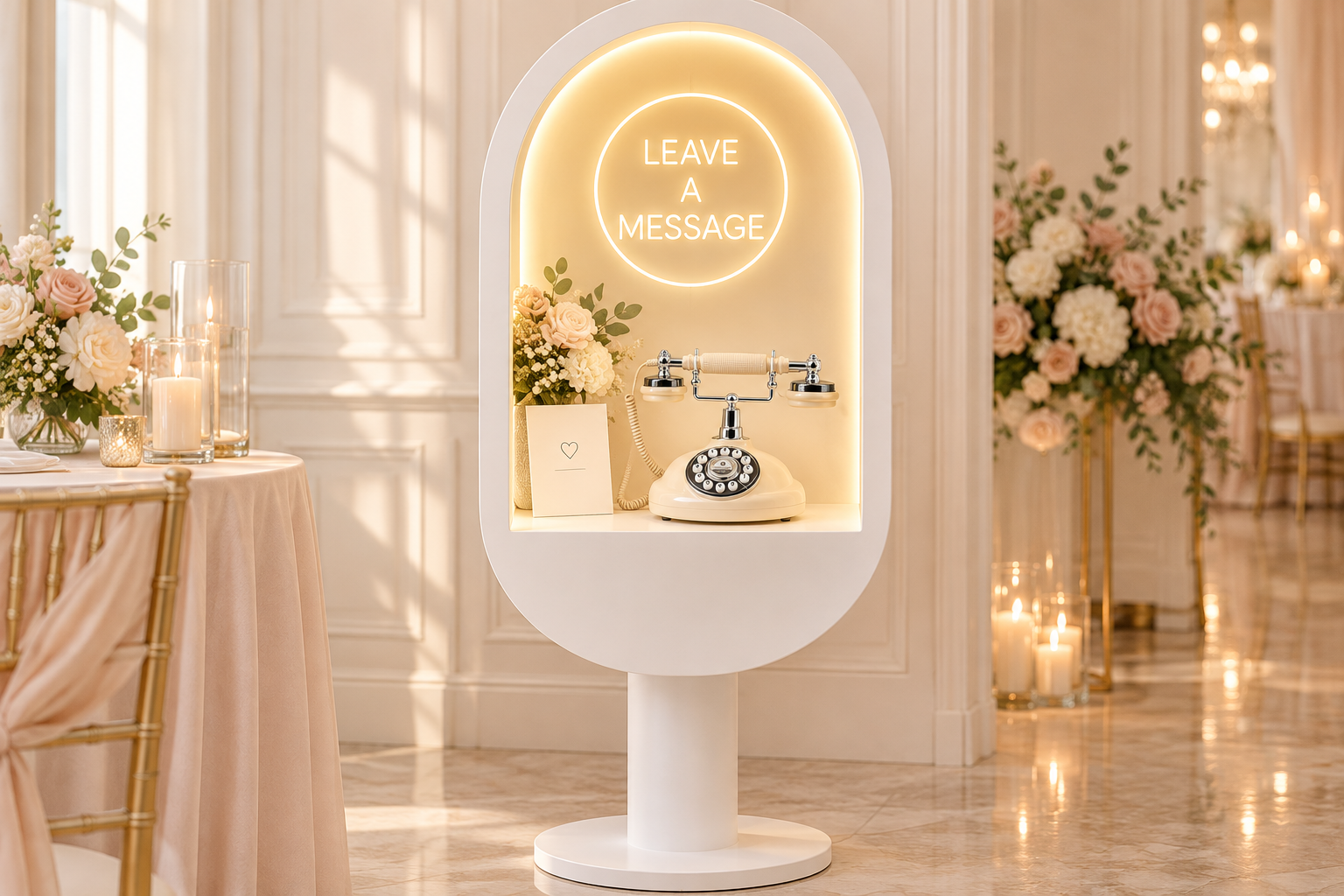 Illustrative Audio Guest Book station with cream telephone, chrome details and illuminated Leave a Message arch.
