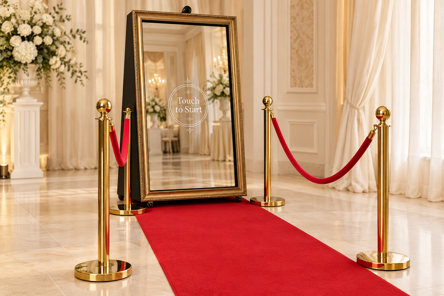 Gold-framed photo mirror booth with a red carpet and gold stanchions in an elegant event setting.
