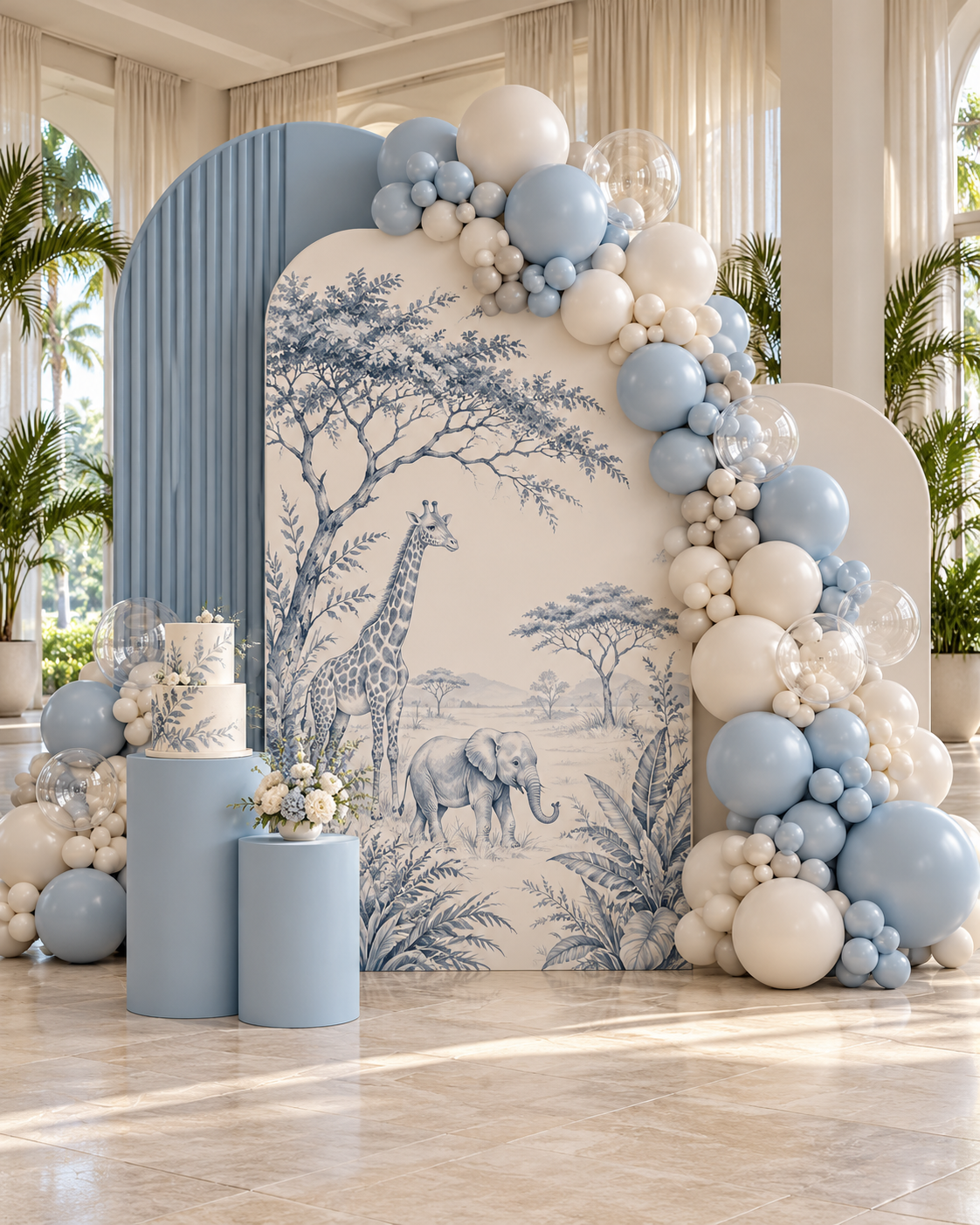 AI-generated safari backdrop design inspiration with powder-blue and ivory balloons, illustrated giraffe and elephant panels, and cake plinths.