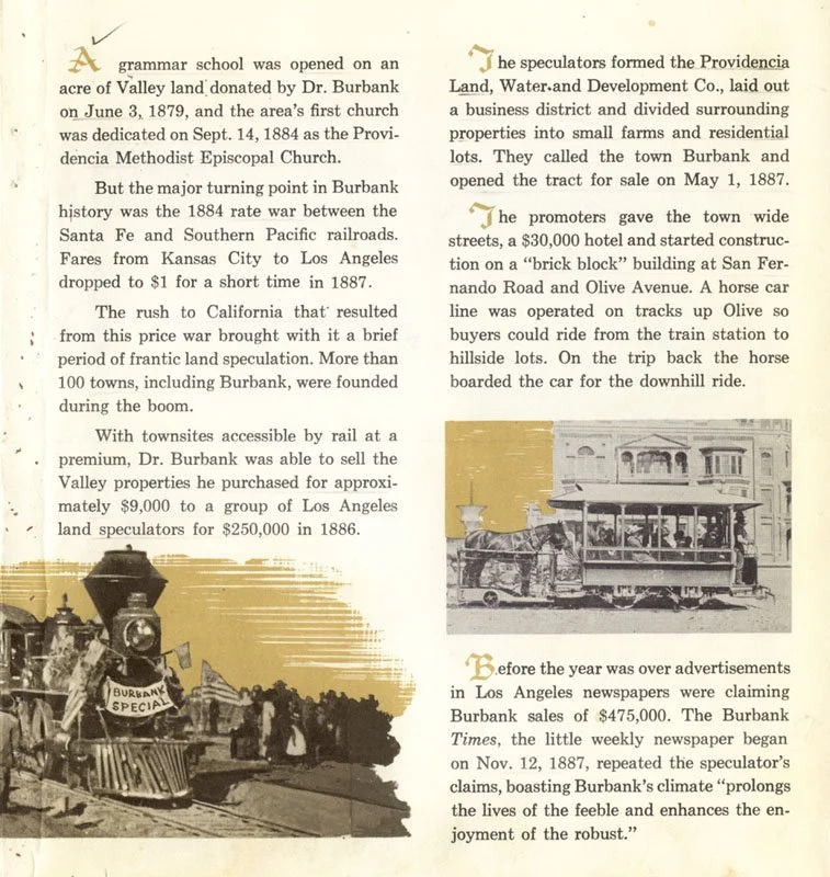 A vintage newspaper article/photos about Burbank, California, history including the opening of a grammar school in 1879, the 1884 rate war between Santa Fe and Southern Pacific railroads, and the 1887 land sale. The page features a black-and-white ph
