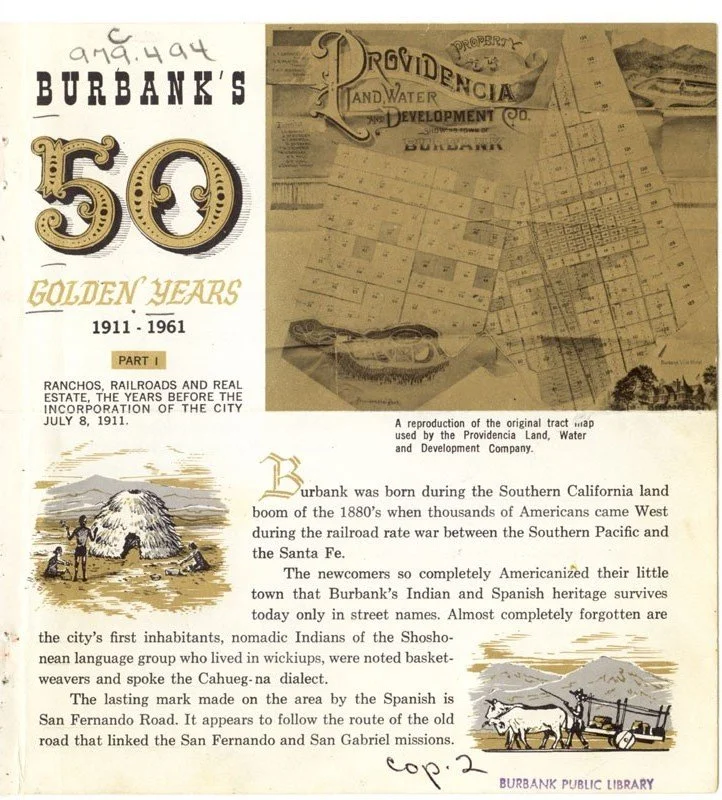 Page from a historical publication commemorating Burbank's 50th anniversary from 1911 to 1961, featuring a map of Providence Land Water Development Company, an illustration of indigenous people, and a drawing of a wagon drawn by oxen.