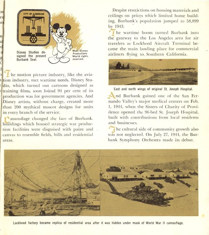 A historical page with text and several black and white photos related to Burbank. The top left features a badge or emblem with the logo of Disney Studios and a cartoon mouse, likely Mickey Mouse. There is an image of a Lockheed factory, a landscape 