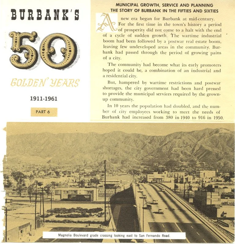 Vintage black and white photograph of Magnolia Boulevard grade crossing, looking east toward San Fernando Road, with a view of a cityscape and distant mountains. Part of a historical booklet celebrating Burbank's 50 years from 1911 to 1961, featuring
