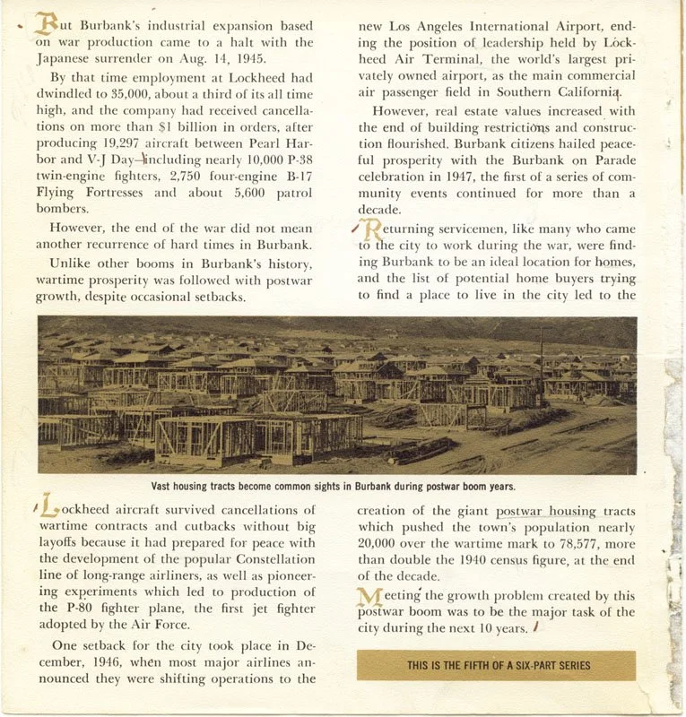 Photograph of several housing tracts under construction with wooden frames, illustrating postwar housing development in Burbank, California.