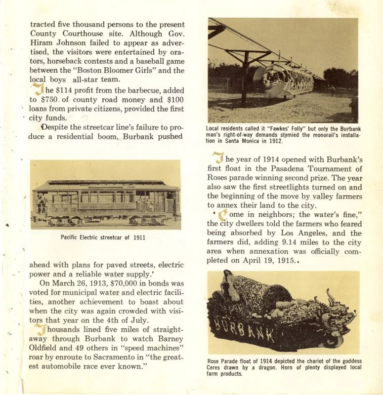 Photographs of historic Burbank landmarks from 1911 and 1914, including a Pacific Electric streetcar, a float depicting a chariot, and a model of a streetcar, with captions describing their significance.