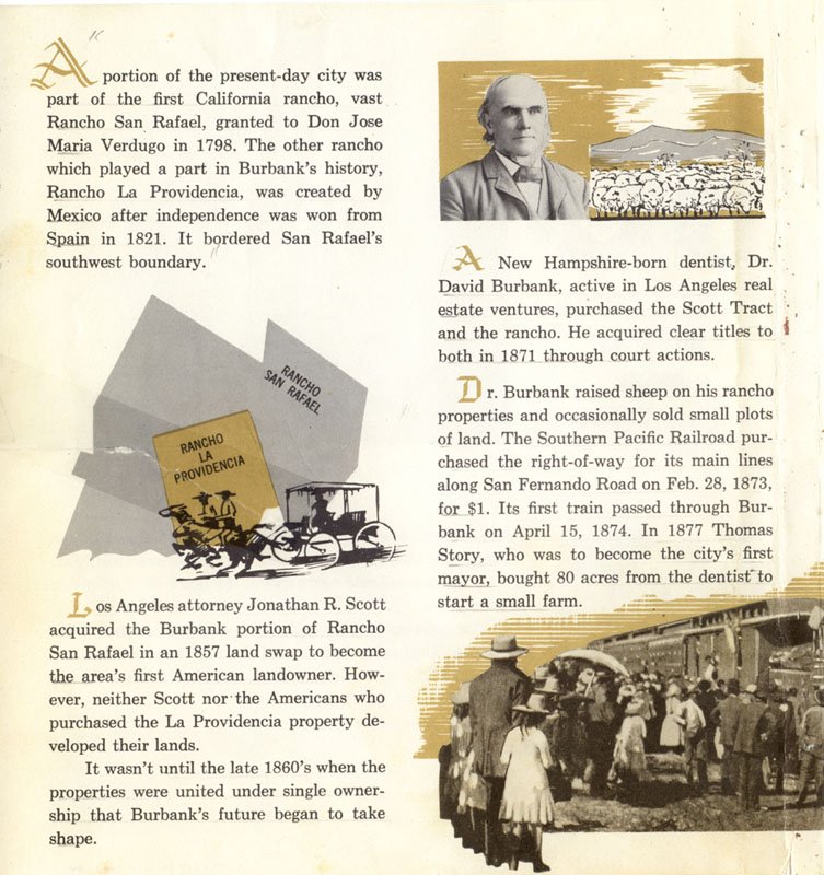 Historical document about California and New Hampshire land and people, including a photograph of a man, a small painting, a vintage train, and a scene at a train station with people waiting.