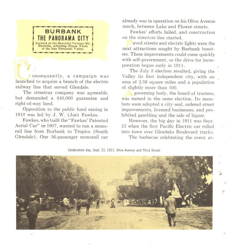 Historical black-and-white photo of a street celebration with horses, carriages, and people, commemorating the September 23, 1911, Olive Avenue and Third Street event in Burbank, California.