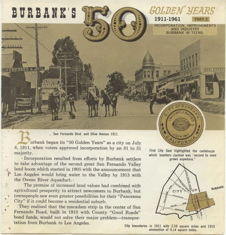 A historical postcard showing Burbank, California in 1911, celebrating its 50th anniversary with a vintage photograph of downtown and a city map, featuring old buildings, people, and horses on the street.
