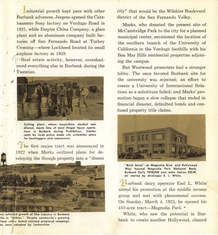 Historical newspaper articles featuring photographs and information about Burbank, California development, including a moonshine alcohol confiscation photo, growth of film industry, Magnolia Park, and local landmarks from the 1920s.