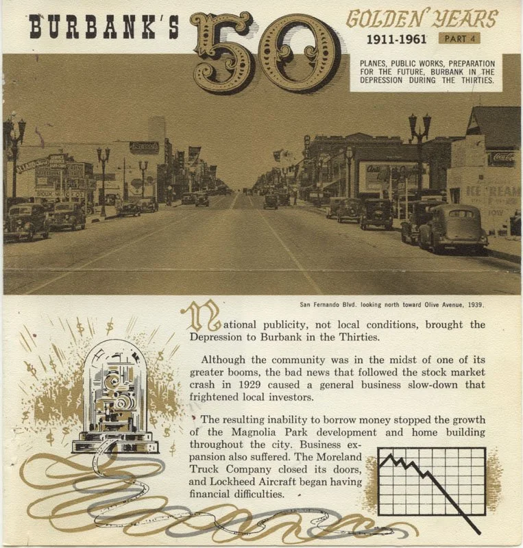 Historical brochure page commemorating 50 years of Burbank from 1911 to 1961, featuring a sepia-toned street scene from 1939 on San Fernando Boulevard, with buildings, cars, and street lamps, along with text about the Great Depression's impact on Bur