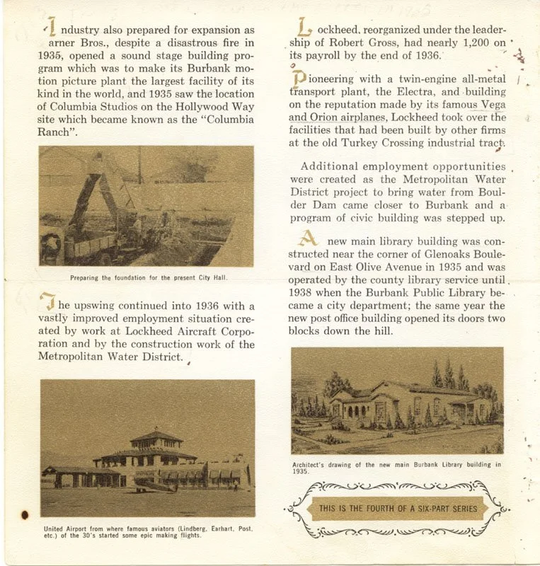 Photographs of historic buildings and construction sites, including a foundation being prepared for City Hall, a United Airport terminal from the 1930s, and the new Burbank Library building in 1935, with a decorative banner indicating it is part of a