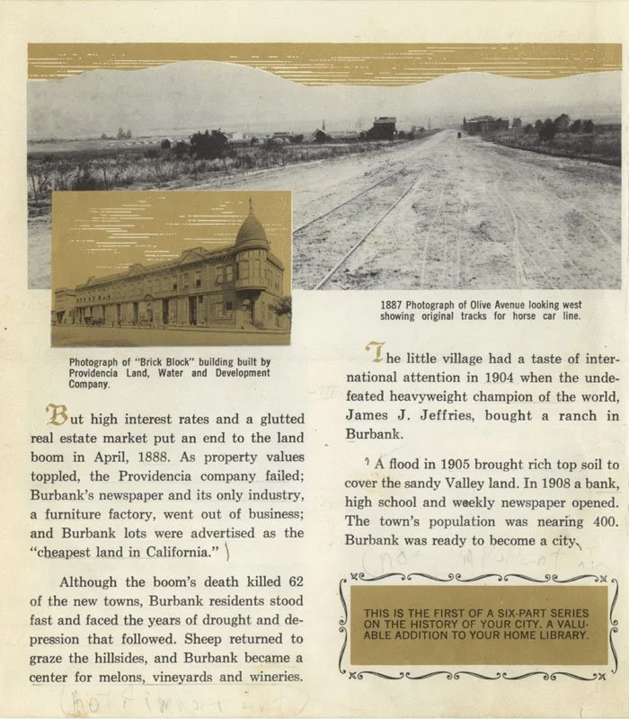 A historical newspaper page showing an old photograph of Olive Avenue with train tracks and buildings, a small inset photo of a brick building, and text describing the history of Burbank, California, including its development, floods, and population 