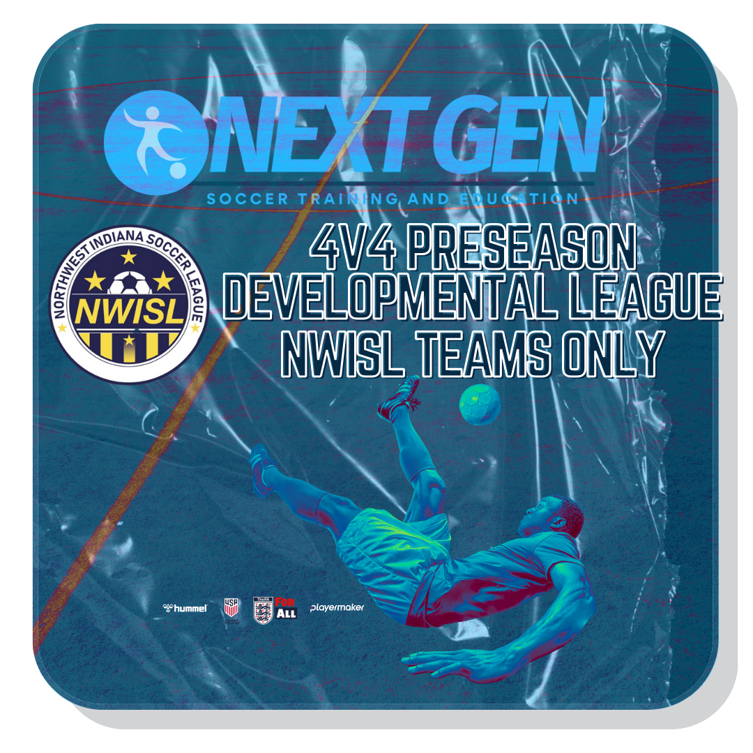 Colorful graphic of a soccer player running, hexagonal patterns, large number 4, and text 'A 4v4 League'. Vivid blue and pink hues. Minimalist design theme.