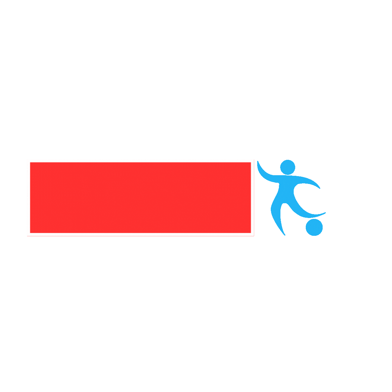 A graphic with a blue stylized person figure kicking a ball in front of a red rectangular banner.