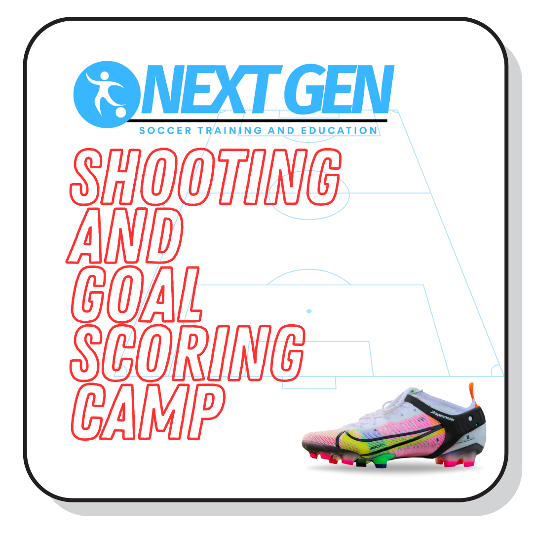 Flyer for Next Gen Soccer Training and Education with emphasis on shooting and goal scoring camp, featuring a colorful soccer cleat and a blue and white logo.