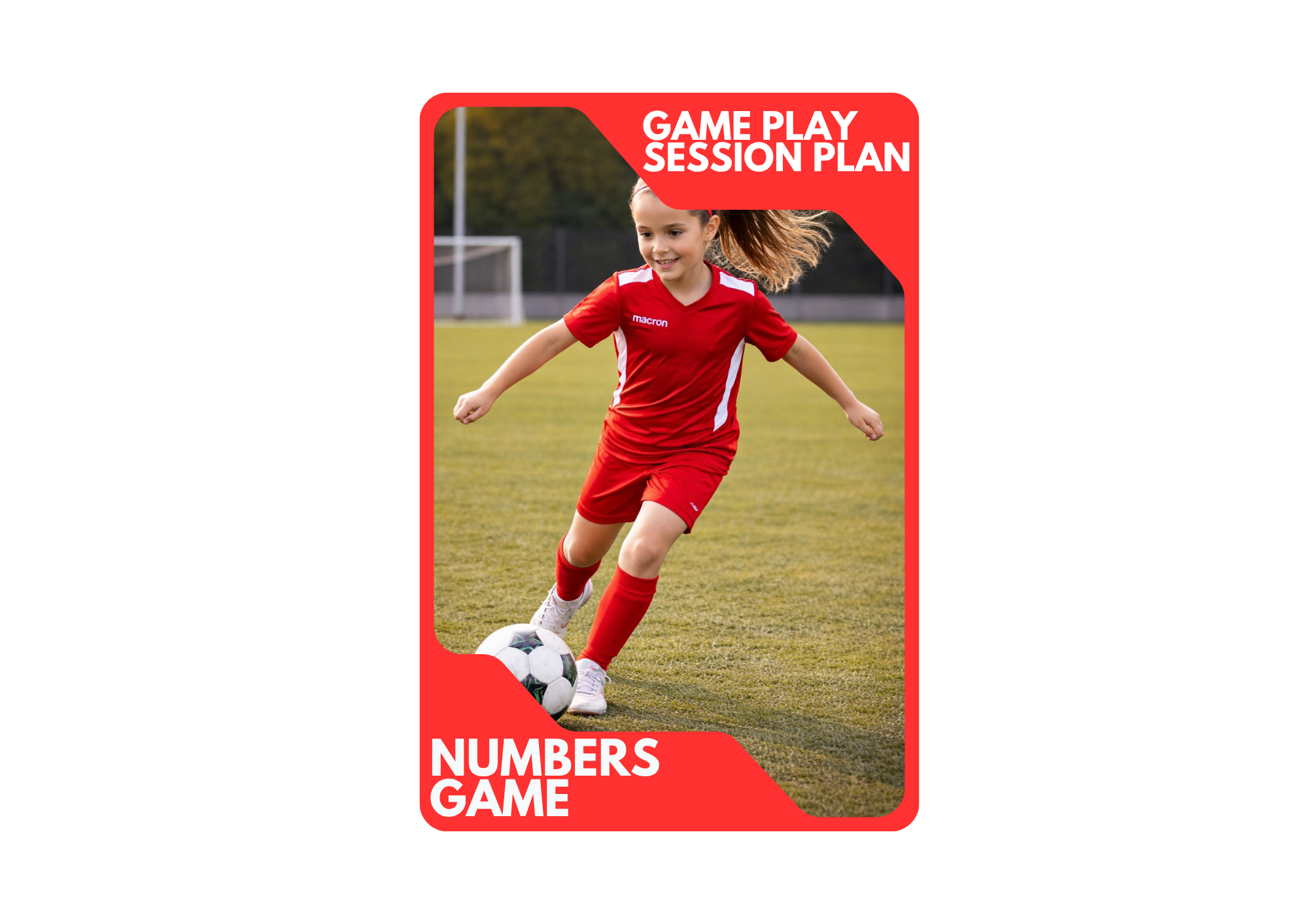 A young girl in a red soccer uniform playing soccer on a field with a goalpost in the background, kicking a soccer ball.