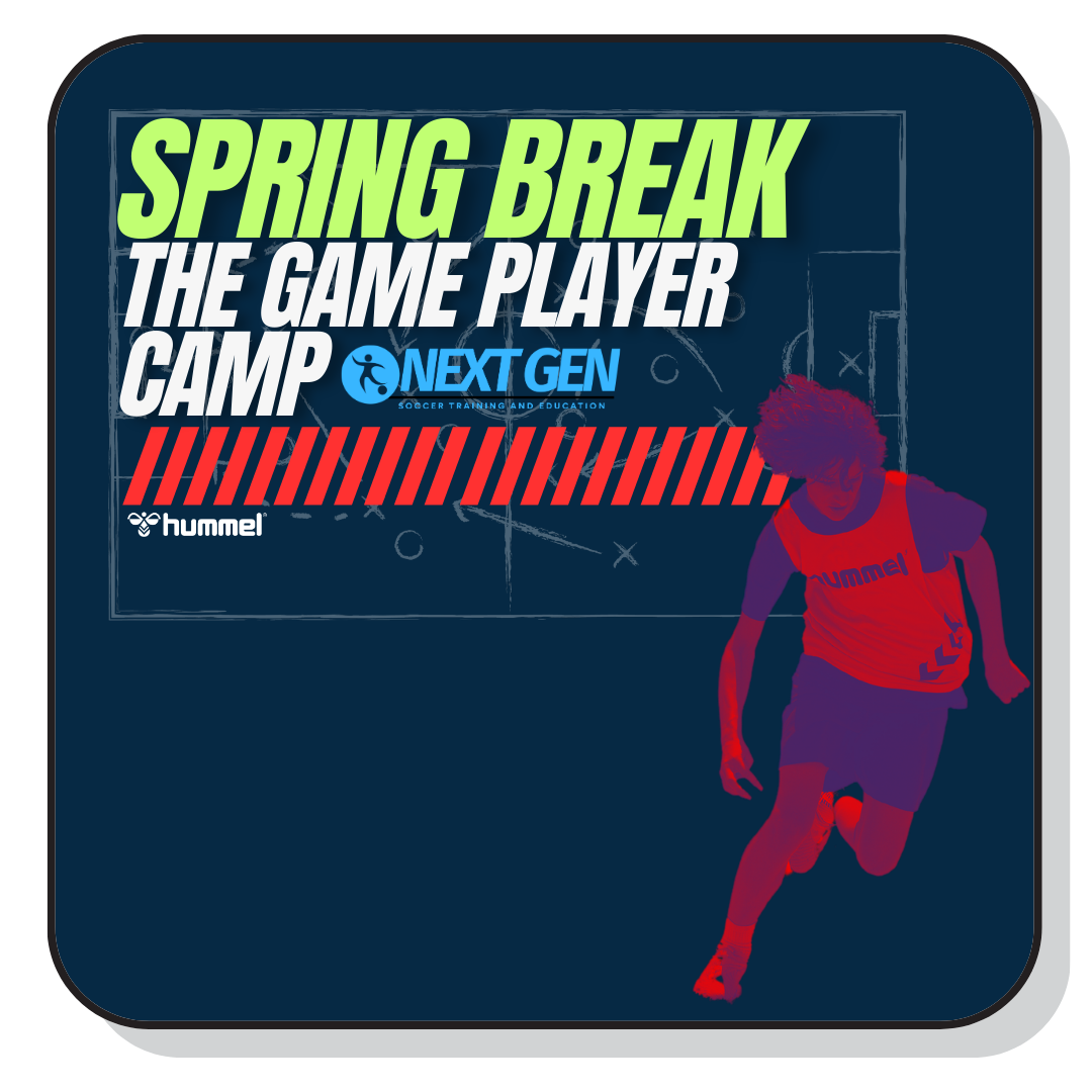 Promotional graphic for spring break soccer camp with the text 'Spring Break The Game Player Camp' and logos for Next Gen and hummel, featuring a young soccer player running.