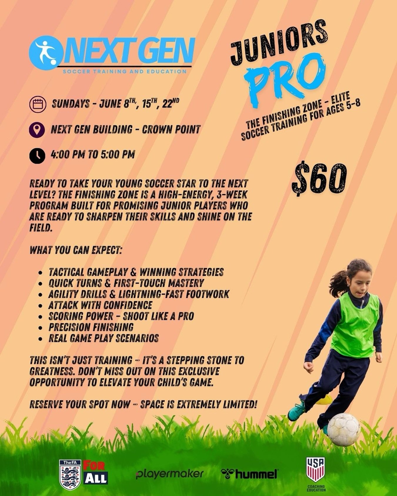 ⚽️ Ready for the next level? ⚽️

Juniors PRO is a 3-week, high-energy training program built for young players (ages 5&ndash;8) who are showing strong potential and a passion for the game.

📍 Next Gen Building &ndash; Crown Point 🗓 Sundays: June 8,