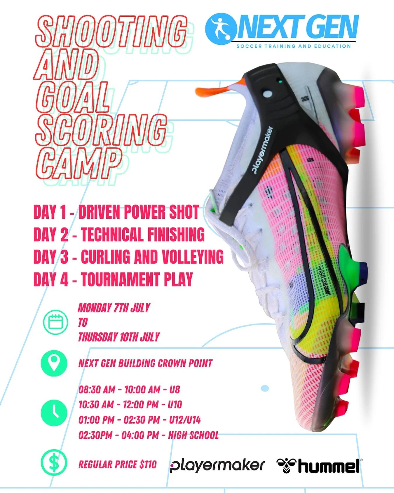 Just a few spots left for our Shooting & Goal Scoring Camp starting tomorrow! β½
4 days of focused training:
• Day 1 – Driven Power Shot
• Day 2 – Technical Finishing
• Day 3 – Curling & Volleying
• Day 4
