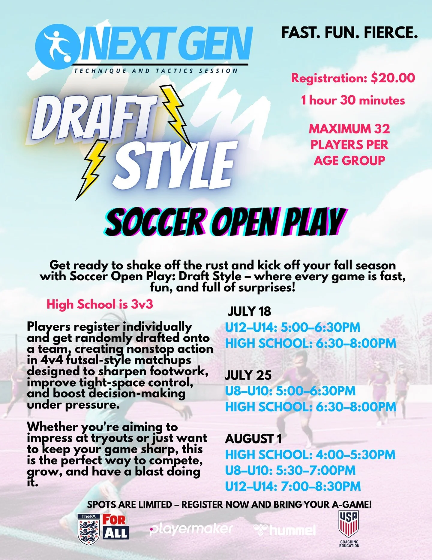 Join Draft Style Soccer Open Play! β½οΈ
Fast, fun games to improve footwork, control, and decision-making.
ποΈ Dates:
July 18: U12-U14 (5:00-6:30PM), High School (6:30-8:00PM)
July 25: U8-U10 (5:00-6:30PM), High School (6:30-8:00PM)
August 1: High