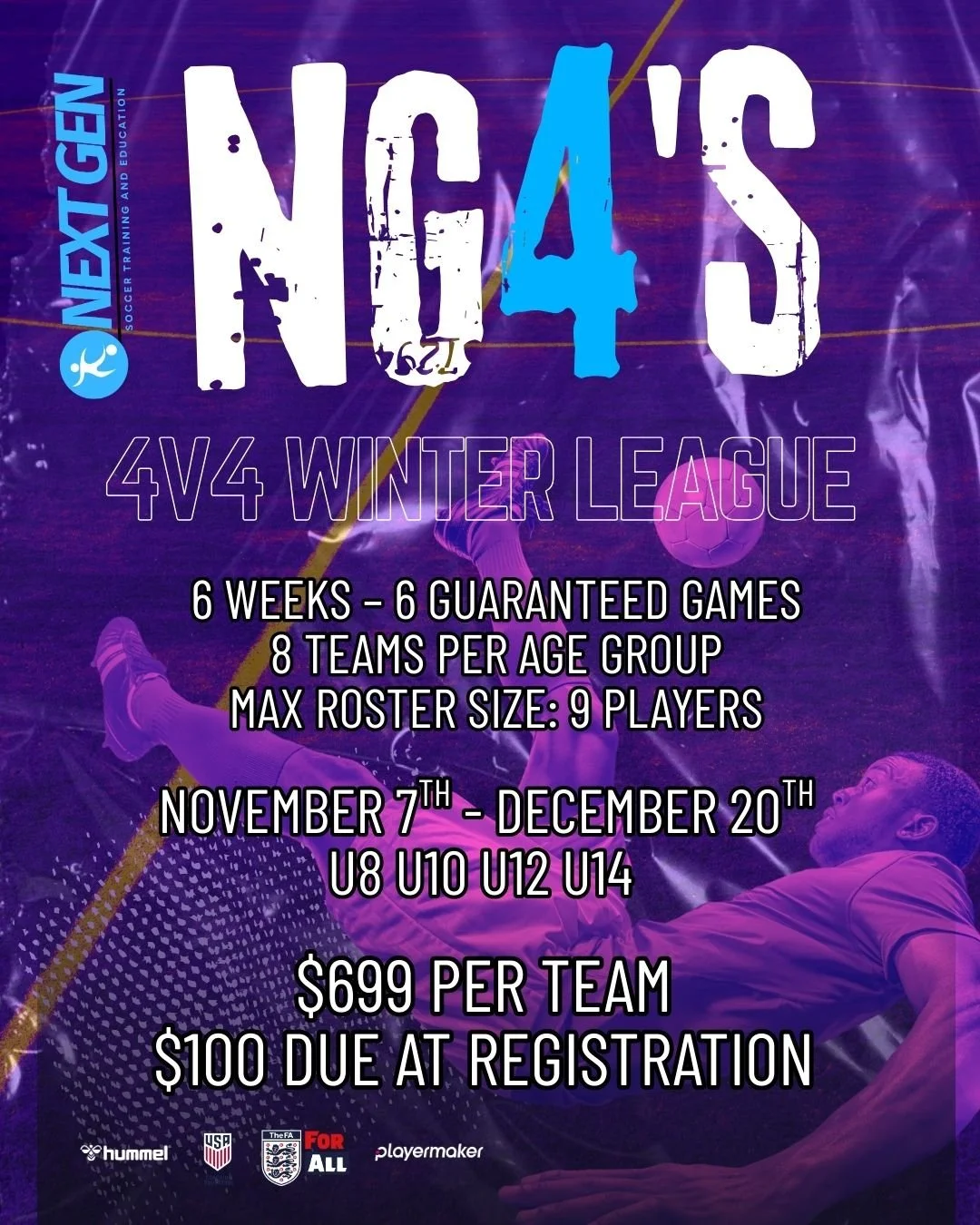 Registration is OPEN for the NG4’s Pre-Winter League!
Join the fastest, most exciting 4v4 competition this winter.
π
 Nov. 7 – Dec. 20
π₯ U8 | U10 | U12 | U14
π² $699 per team
β½ Don’t wait — spots fill fast!
Register on our