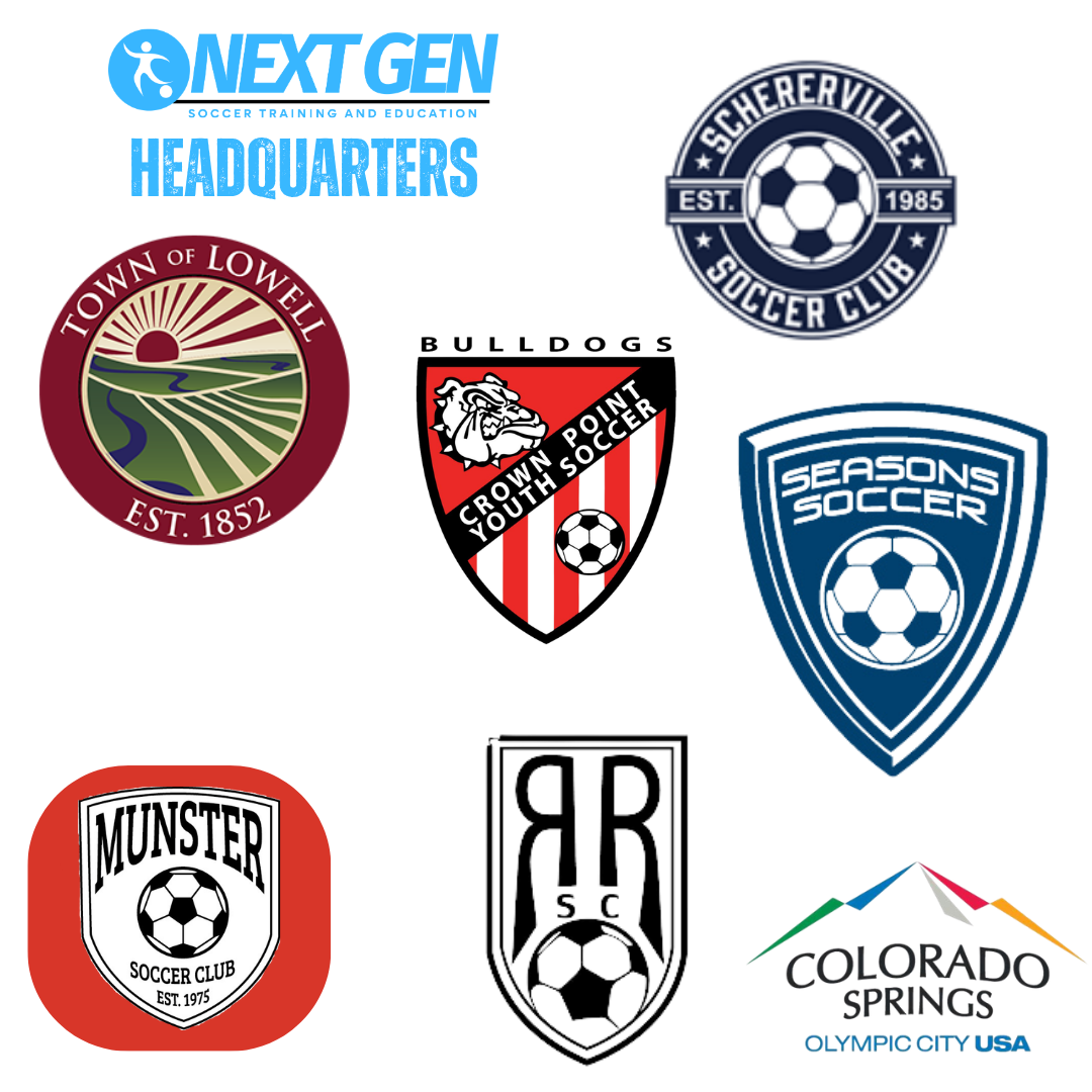 Collection of soccer club logos, including NextGen, Schererville Soccer Club, Town of Lowell, Crown Point Youth Soccer, Seasons Soccer, Munster Soccer Club, Colorado Springs, and a logo with a mountain design.
