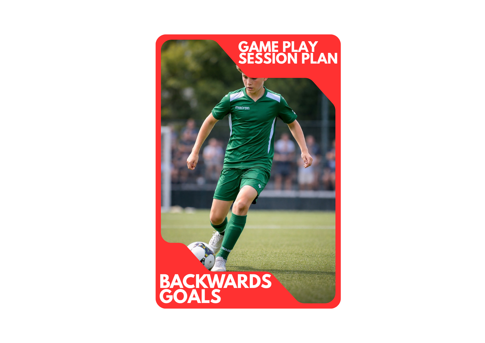 A soccer player in a green uniform kicks a soccer ball on the field with a background of blurred spectators and trees. The overlay text on the image reads 'GAME PLAY SESSION PLAN' at the top, and 'BACKWARDS GOALS' at the bottom.