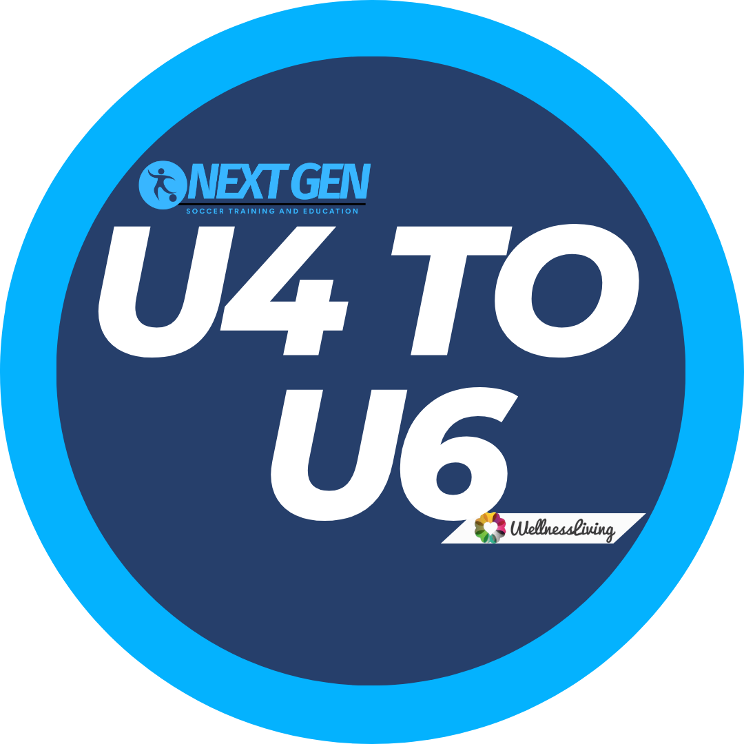 Logo for Next Gen soccer training program U4 to U6, with a blue circular background and Wellness Living branding.