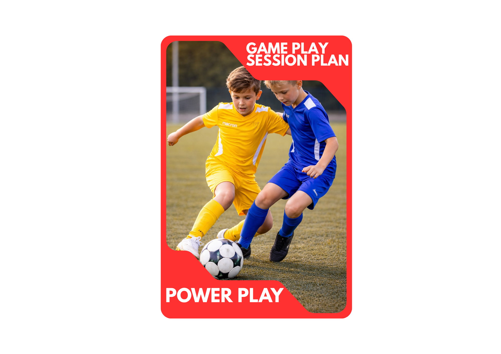 Two young boys playing soccer on a field, wearing yellow and blue uniforms, battling for control of the ball during daytime.