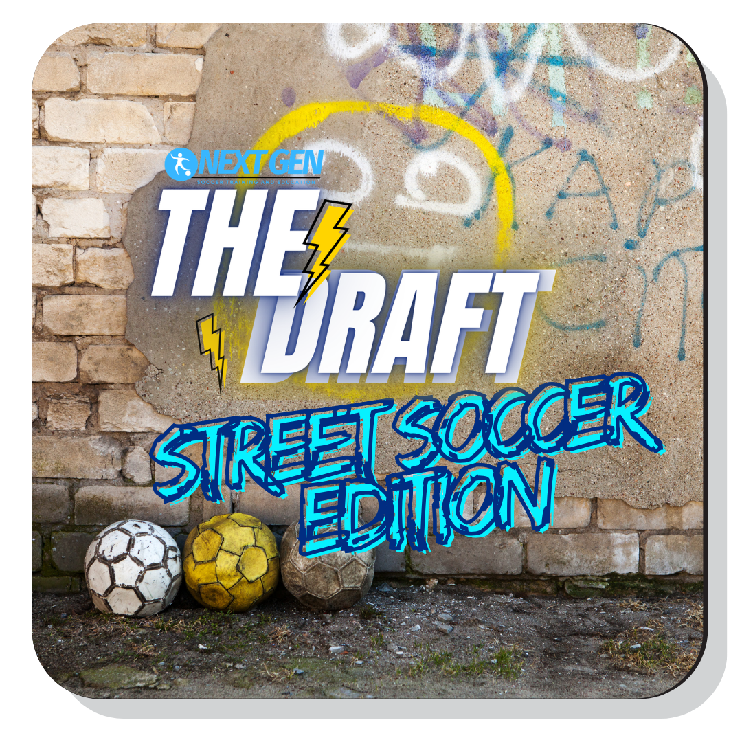 Logo for Next Gen Street Soccer Edition featuring a soccer field, a blue icon of a person kicking a ball, and bold colorful text.