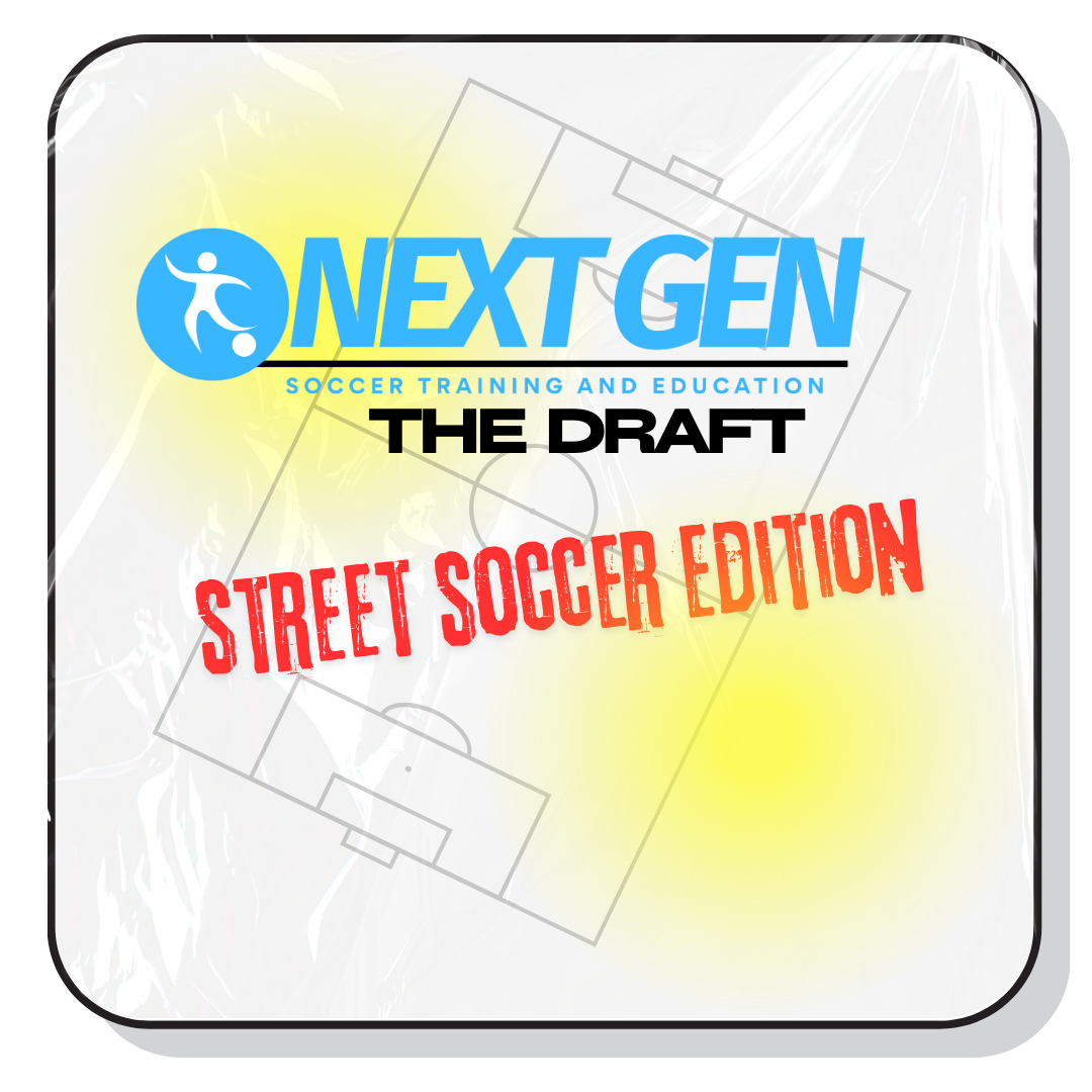 Logo for Next Gen Street Soccer Edition featuring a soccer field, a blue icon of a person kicking a ball, and bold colorful text.