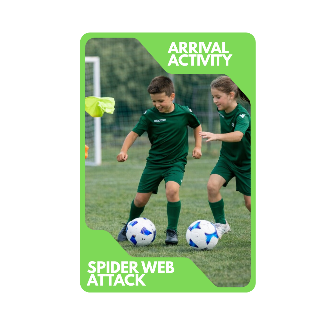 Children playing soccer with spider web attack activity label