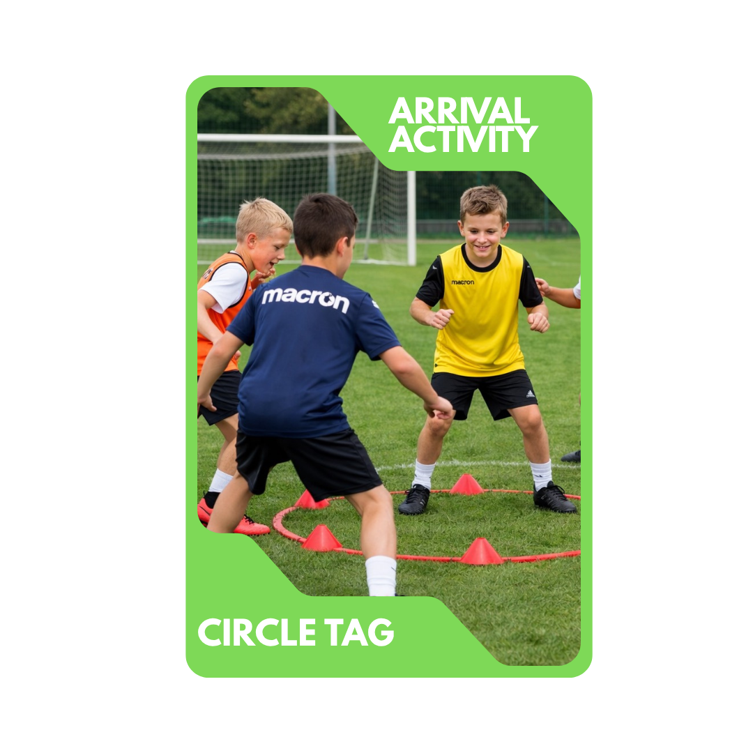 Children playing circle tag game on a soccer field, surrounded by cones, with a soccer goal in the background.