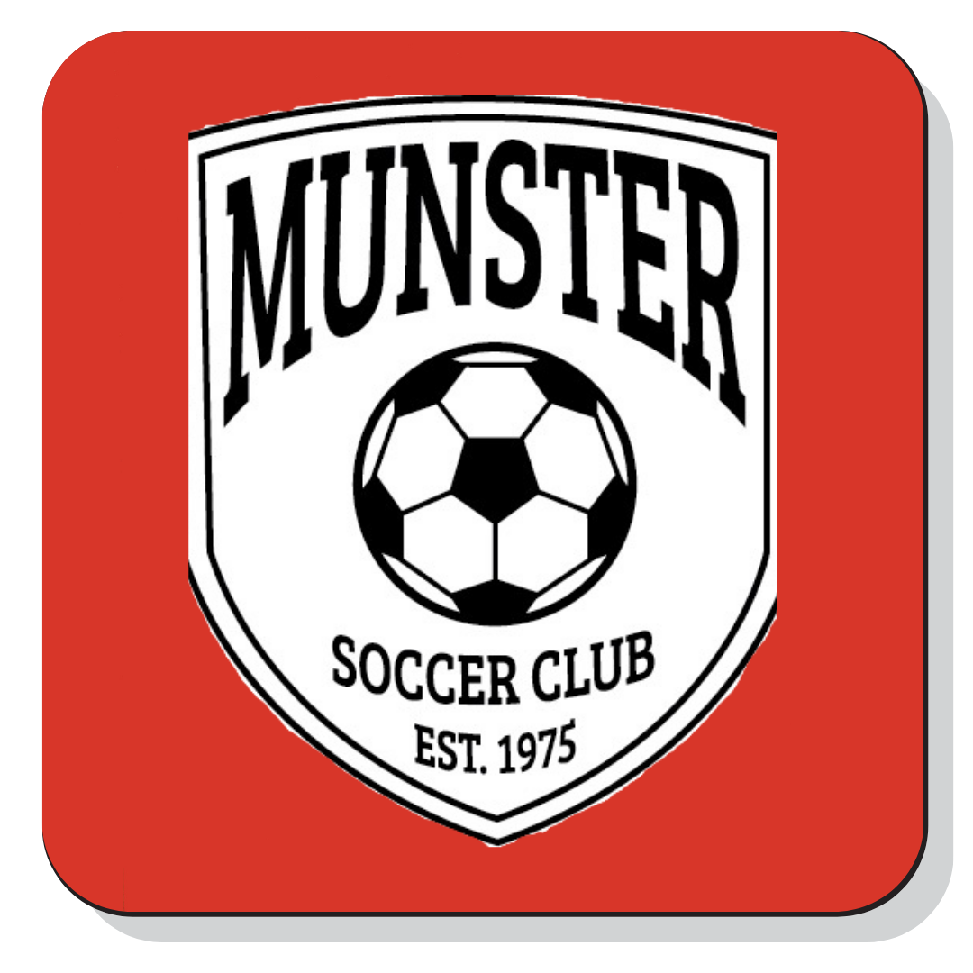 Munster Soccer Club logo with a soccer ball at the center, established in 1975, on a red background.