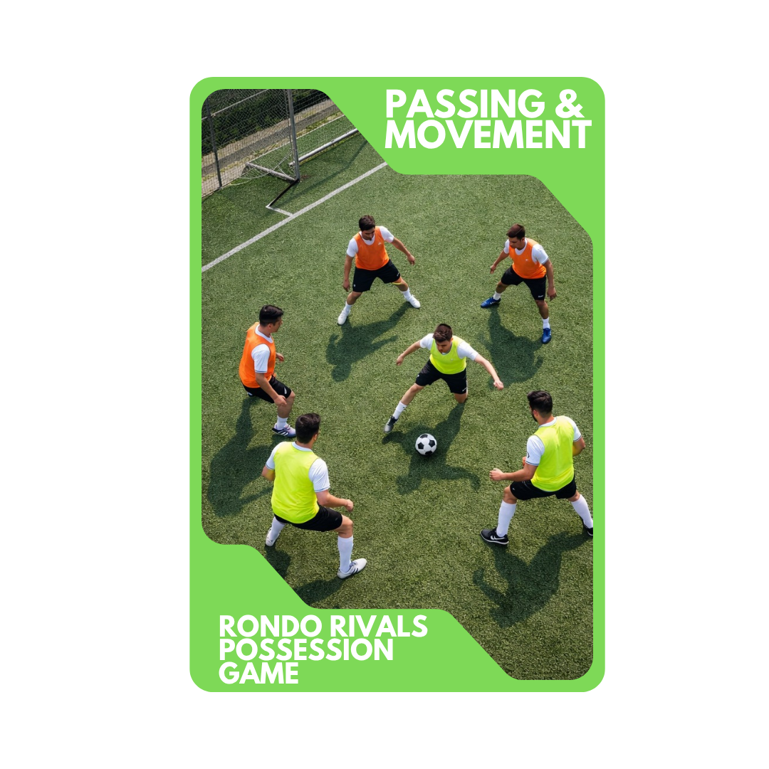 A group of six young men playing soccer on a green field, with some wearing yellow and orange pinnies, surrounded by a green border with white text that reads "Passing & Movement" at the top and "Rondo Rivals Possession Game" at the bottom.