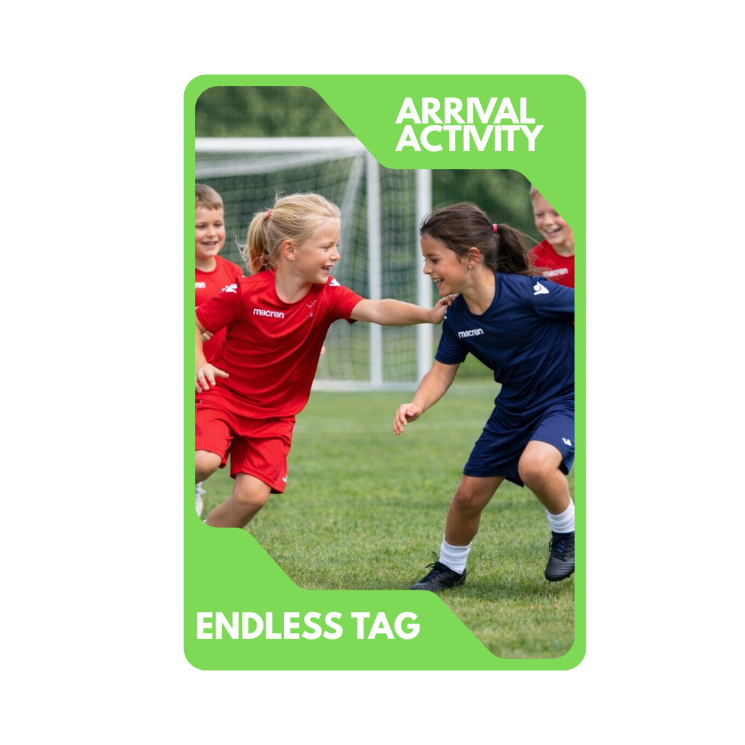 Children playing tag on a sports field, with two girls in red and blue shirts smiling and running, surrounded by green grass and goalposts. The card has a green border and text reading 'Arrival Activity' at the top and 'Endless Tag' at the bottom.