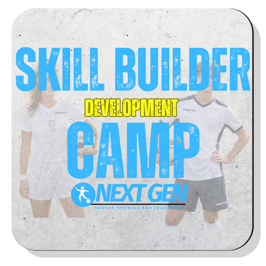 Logo for Next Gen Soccer Training and Education with the slogan 'Player Development Camp' and a young boy in a soccer uniform holding a soccer ball, with a background of children in soccer training.