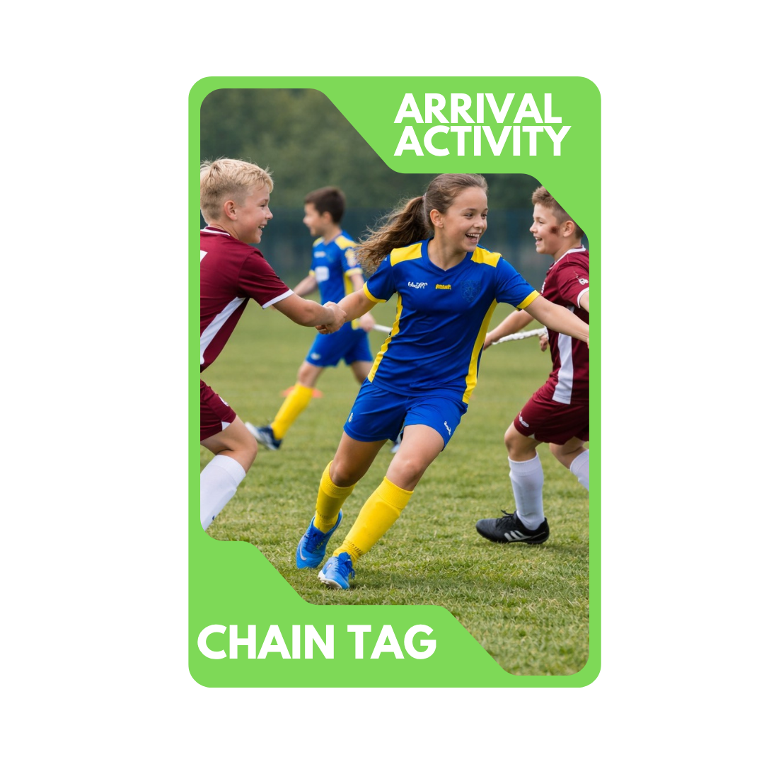 Children playing a game of chain tag on a grassy field during an outdoor activity, with a green banner at the top reading 'Arrival Activity' and a green banner at the bottom reading 'Chain Tag'.