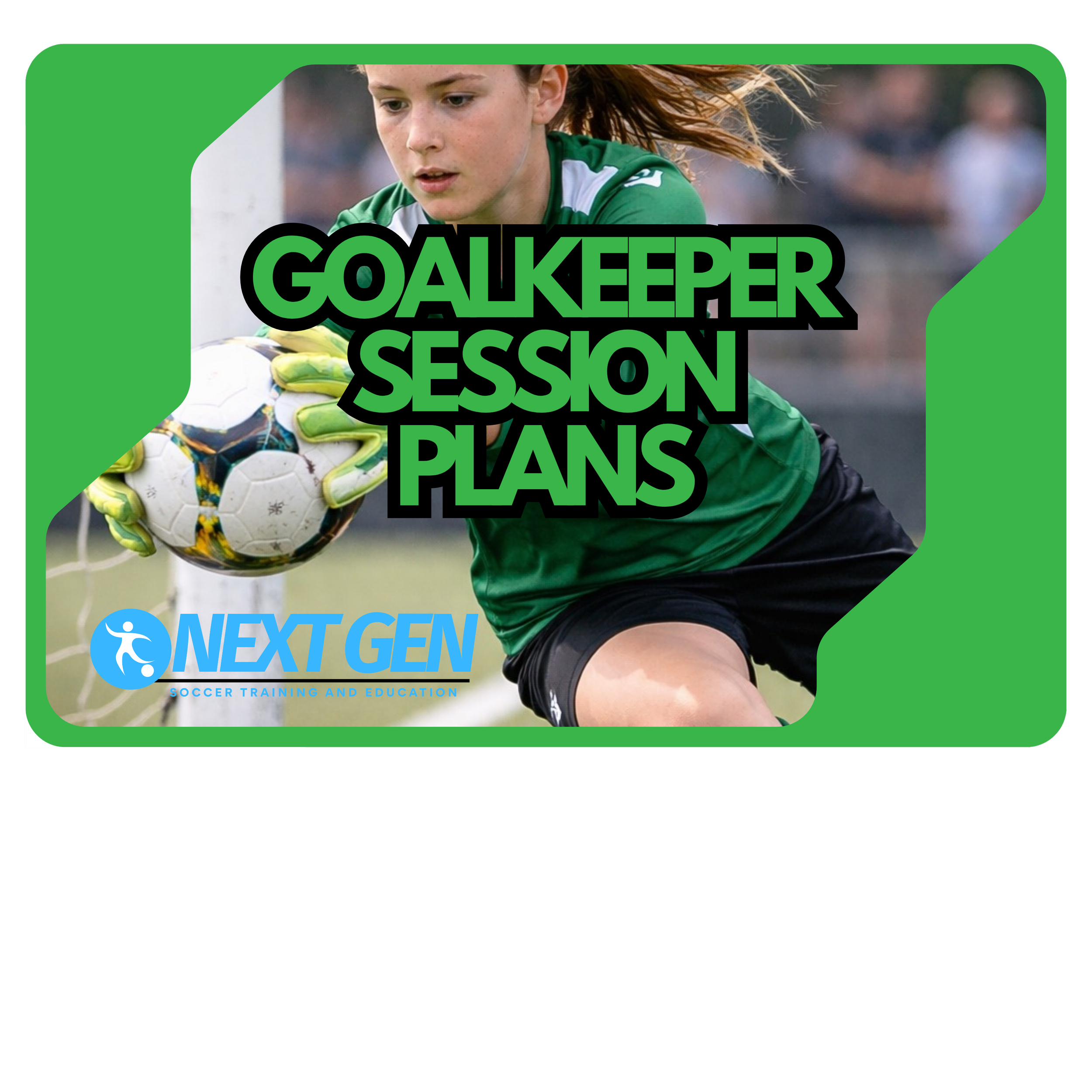 A young female soccer goalkeeper in a green uniform is catching a soccer ball during a game.