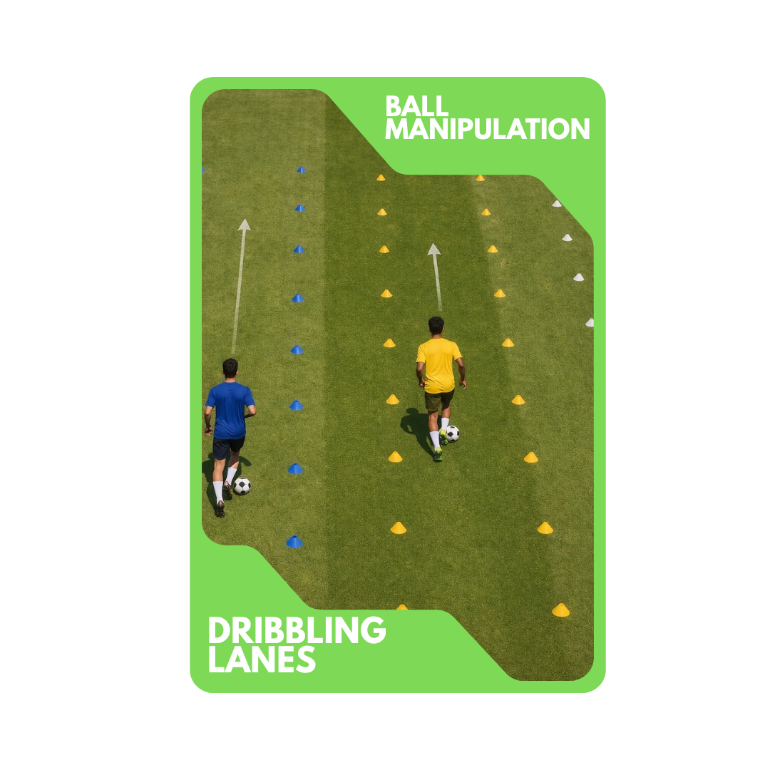 Two soccer players dribbling balls through colored cones arranged in lanes on a grassy field, with a green label reading "Ball Manipulation" and "Dribbling Lanes".